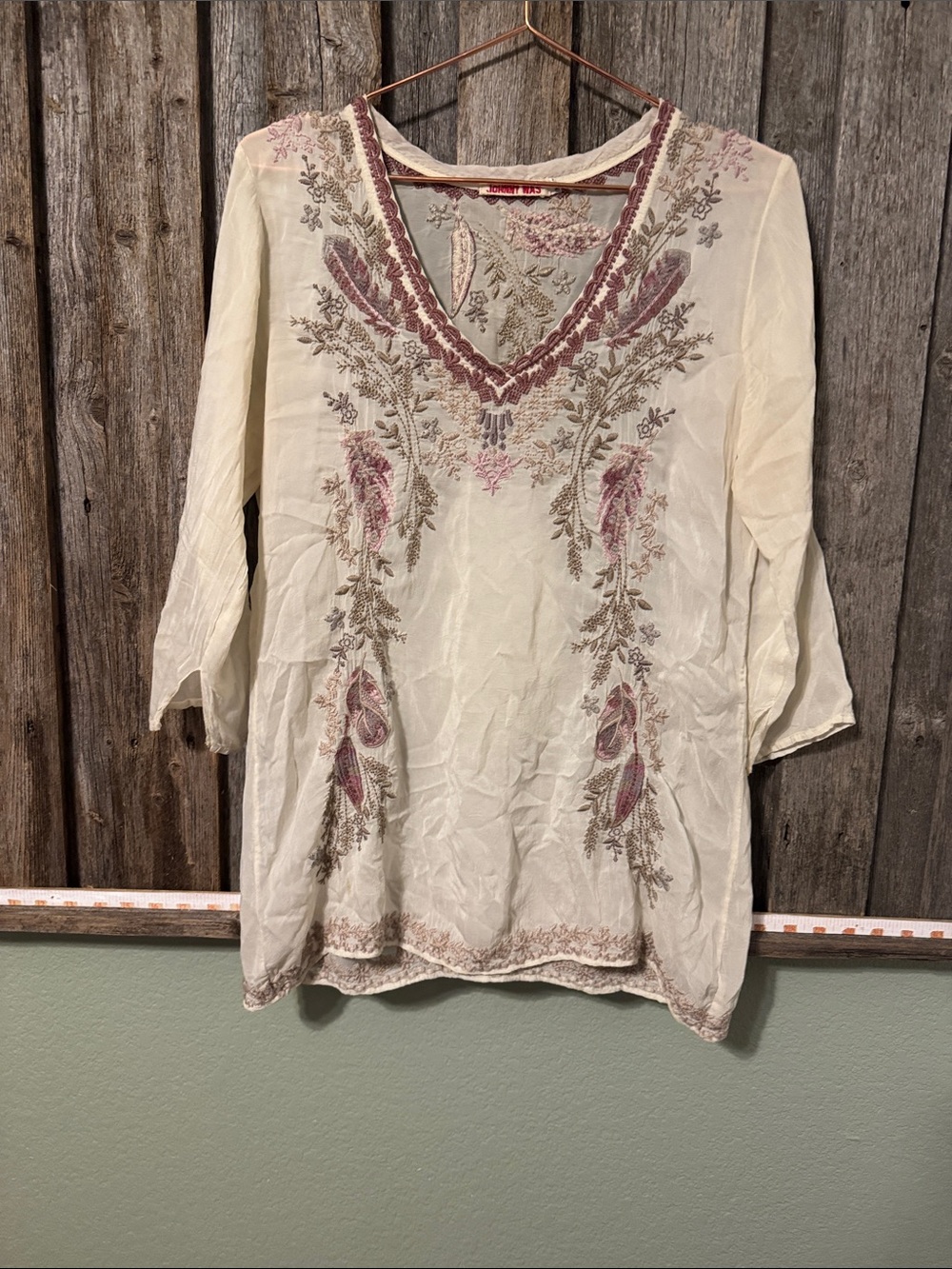 Johnny Was Cream Tunic with Pink & Mauve Embroidery